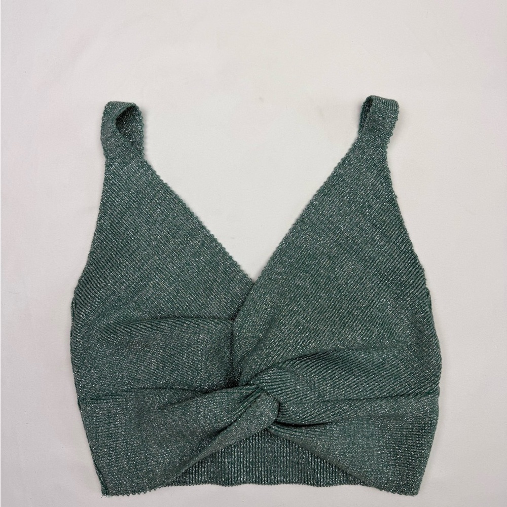 Green Shimmer Twist Front Crop Top XS Metallic Knit Bralette Party Top